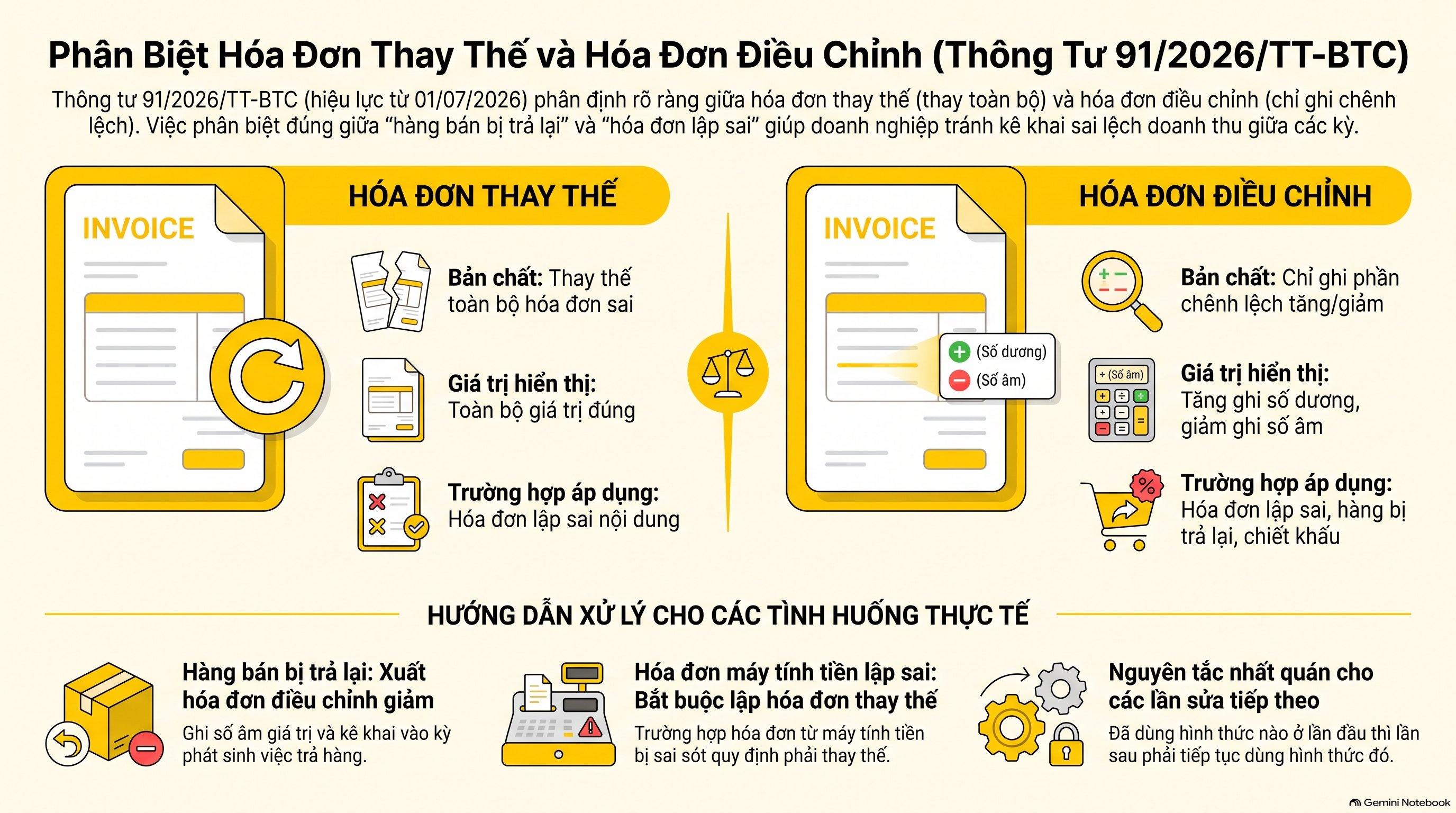 Hóa đơn thay thế và hóa đơn điều chỉnh: ghi thế nào, hạch toán thế nào (mới nhất 2026)