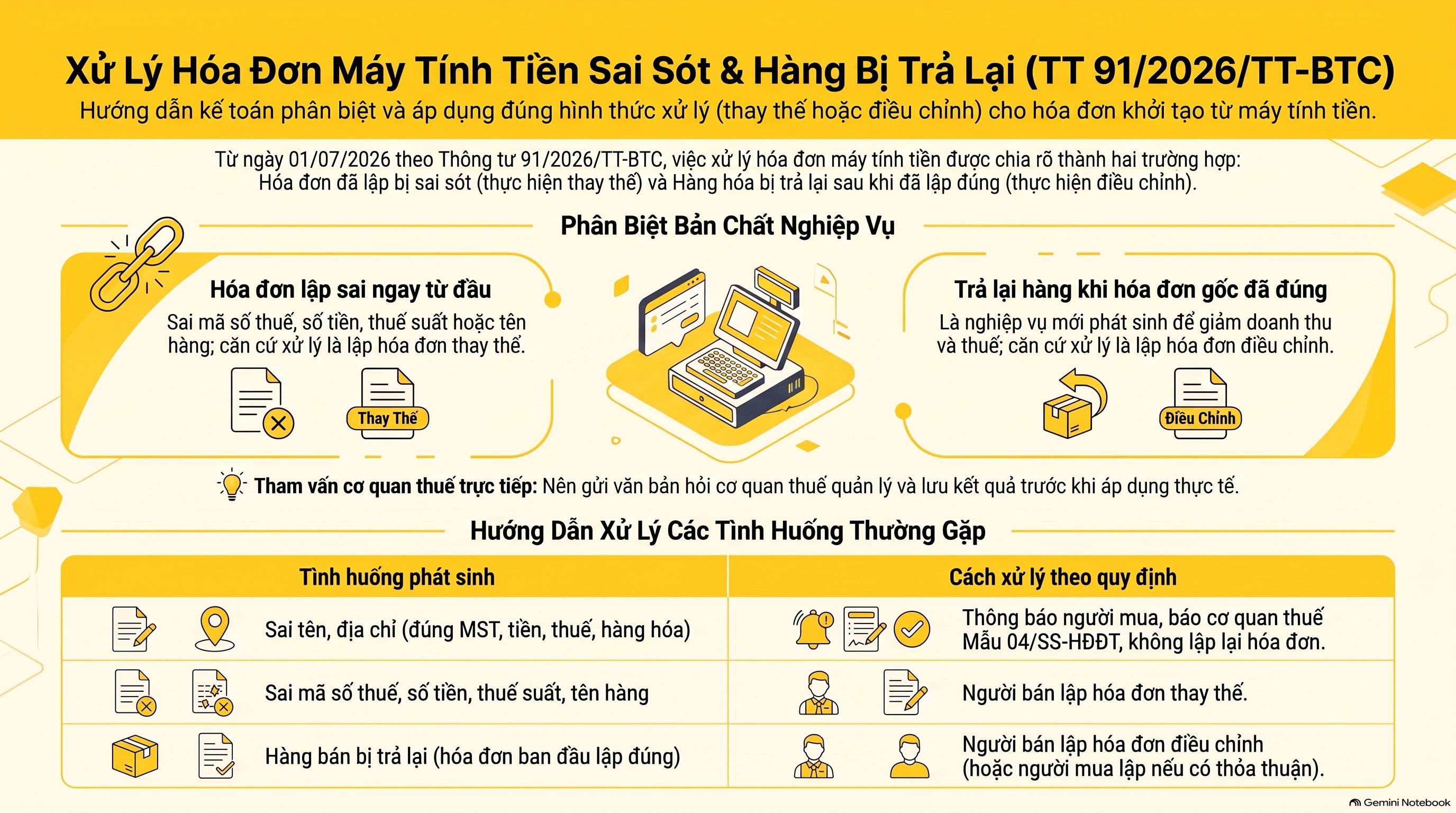 Hóa đơn máy tính tiền hàng trả lại: ghi thế nào, thay thế hay điều chỉnh? Mới nhất 2026