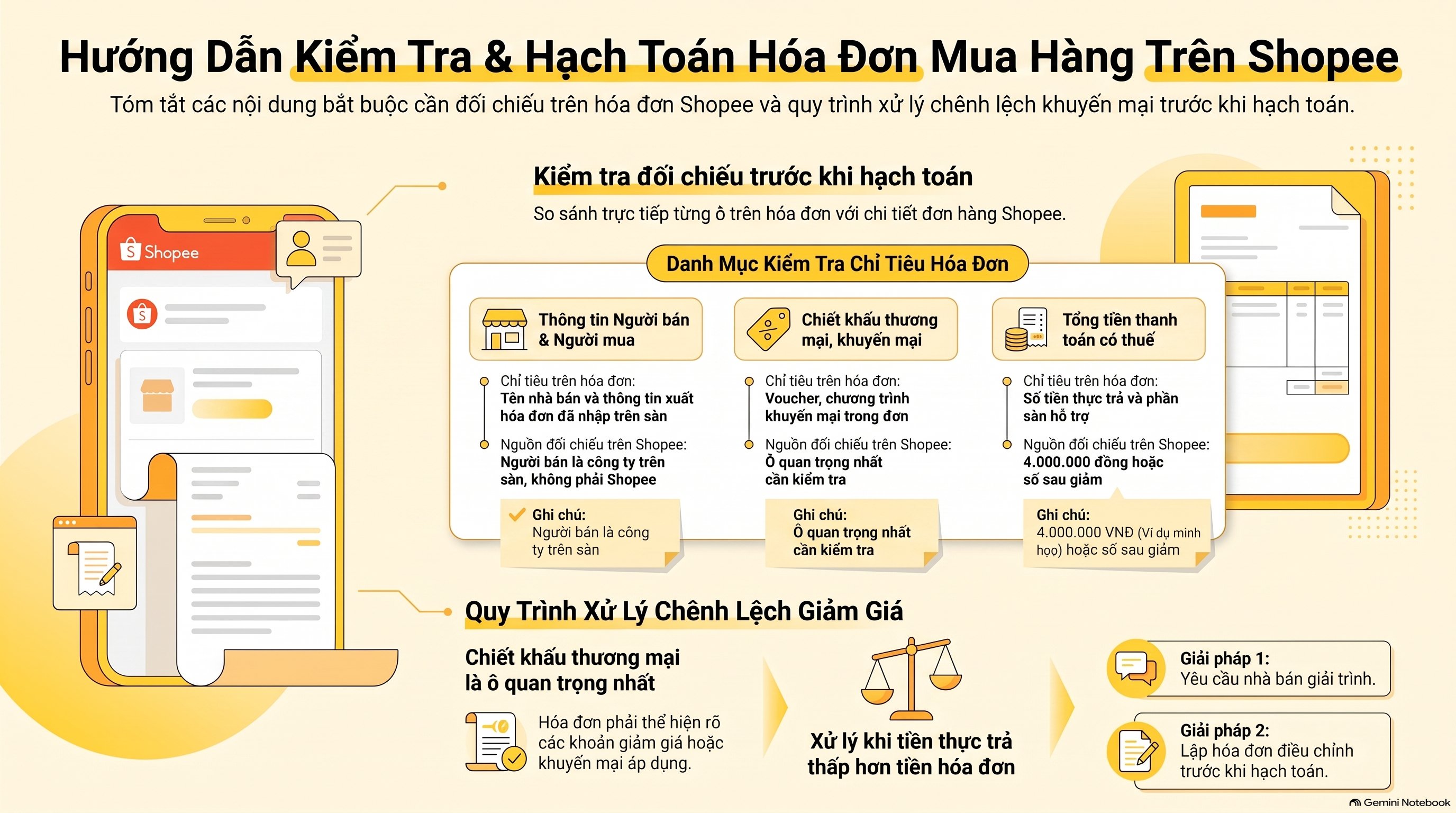 Hạch toán mua hàng trên Shopee ghi thế nào khi hóa đơn lệch tiền? Mới nhất 2026